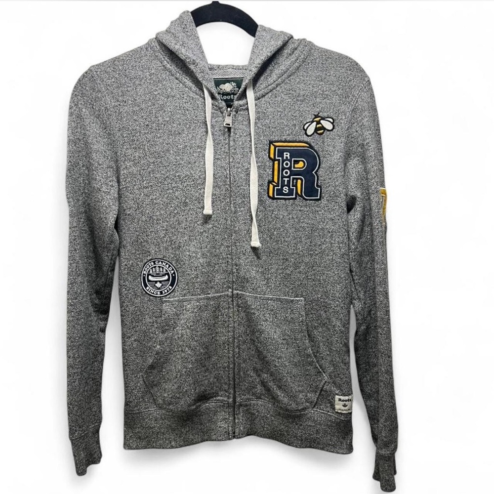 ROOTS CANADA Heather Gray Hoodie with Embroidered Patches